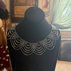 Vintage glass, beaded collar, necklace, scalloped lace look, gray and light pink